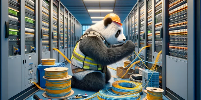 DALL·E 2024-01-05 11.51.37 - Create additional images of a worker panda installing fiber circuits, with the panda positioned off to the side of the scene. The panda, realistically copy