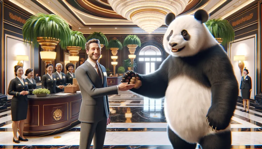 DALL·E 2024 01 02 14.45.50 In a sophisticated hotel lobby a highly realistic panda stands upright on its hind legs reaching out with its right paw to shake hands with a human