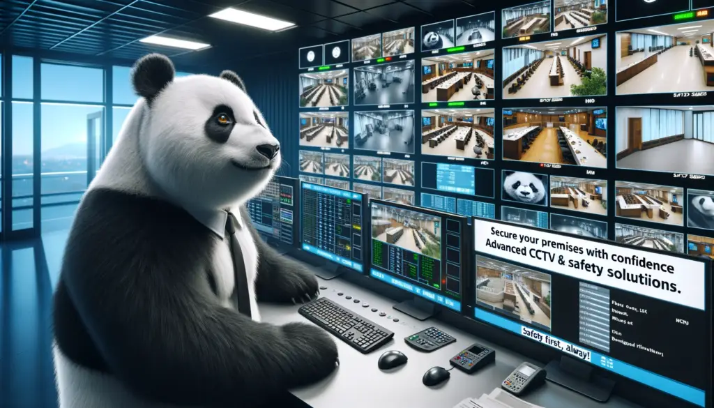 DALL·E 2024 01 16 10.07.07 Create an image of a panda in a security control room monitoring multiple CCTV screens. The room is filled with advanced surveillance equipment and s